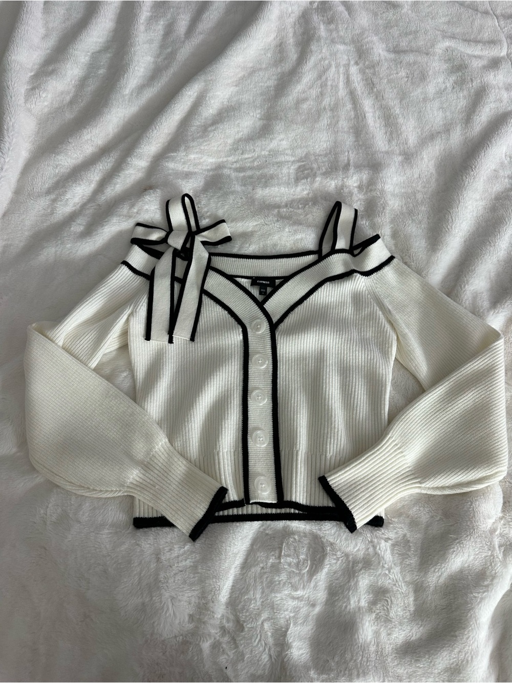 Express White Ribbed Off-Shoulder Sweater With Black Trim